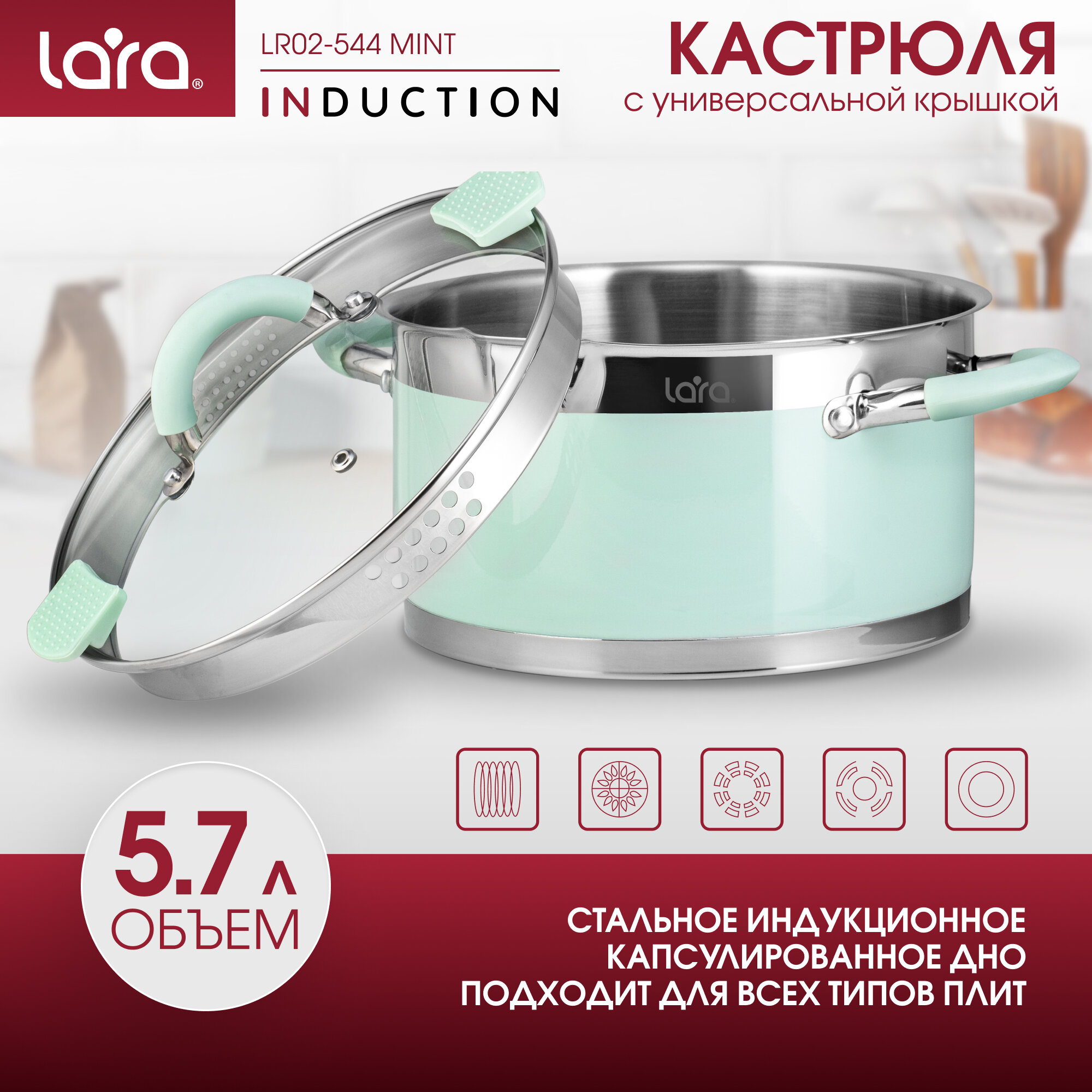 Кастрюля с крышкой 5,7л LARA LR02-544/серия MINT, d24 см, сливной носик, для всех видов плит