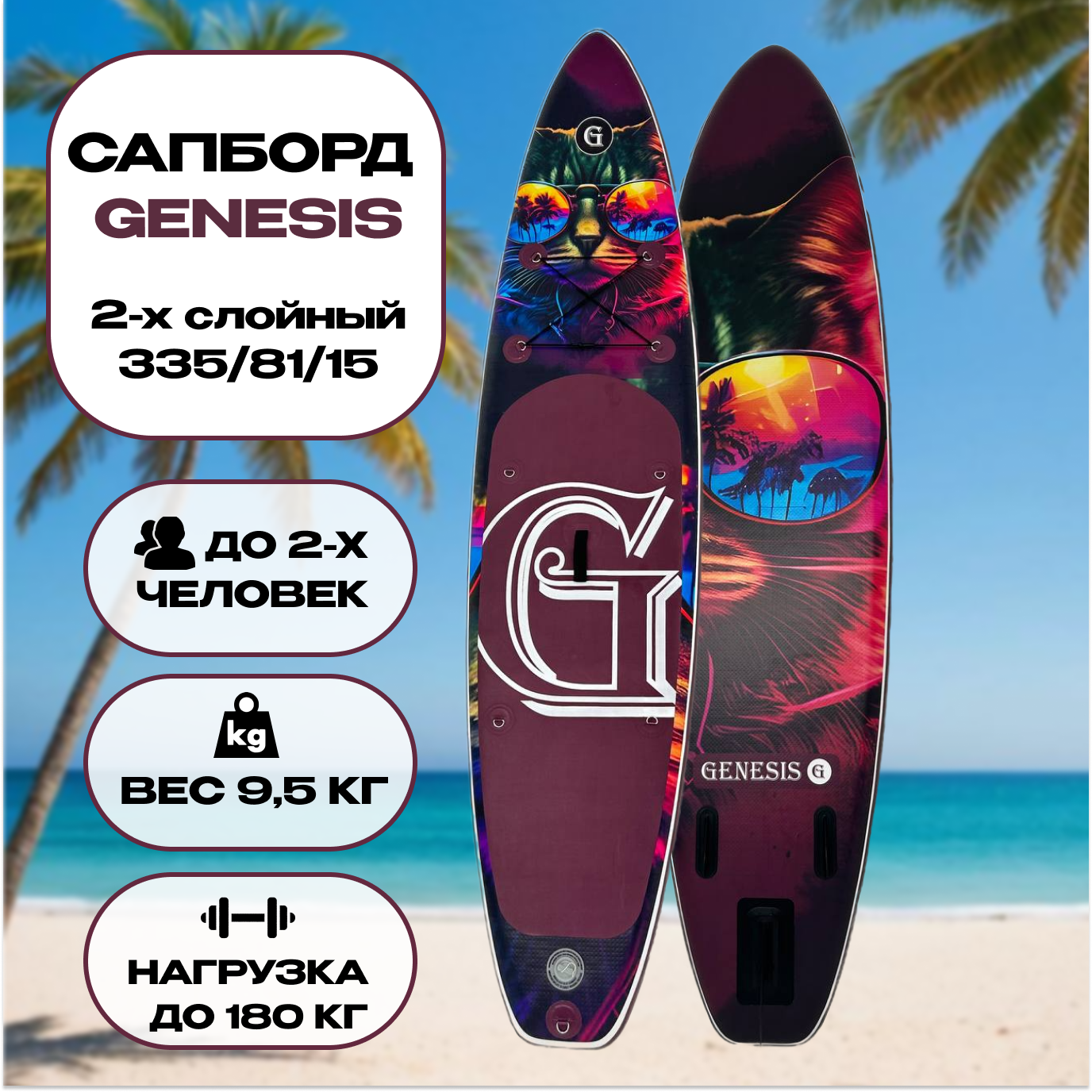 Сап-борд GENESIS двухслойный, фиолетовый принт с котом 2. 335х81х15, максимальная нагрузка 180 кг.