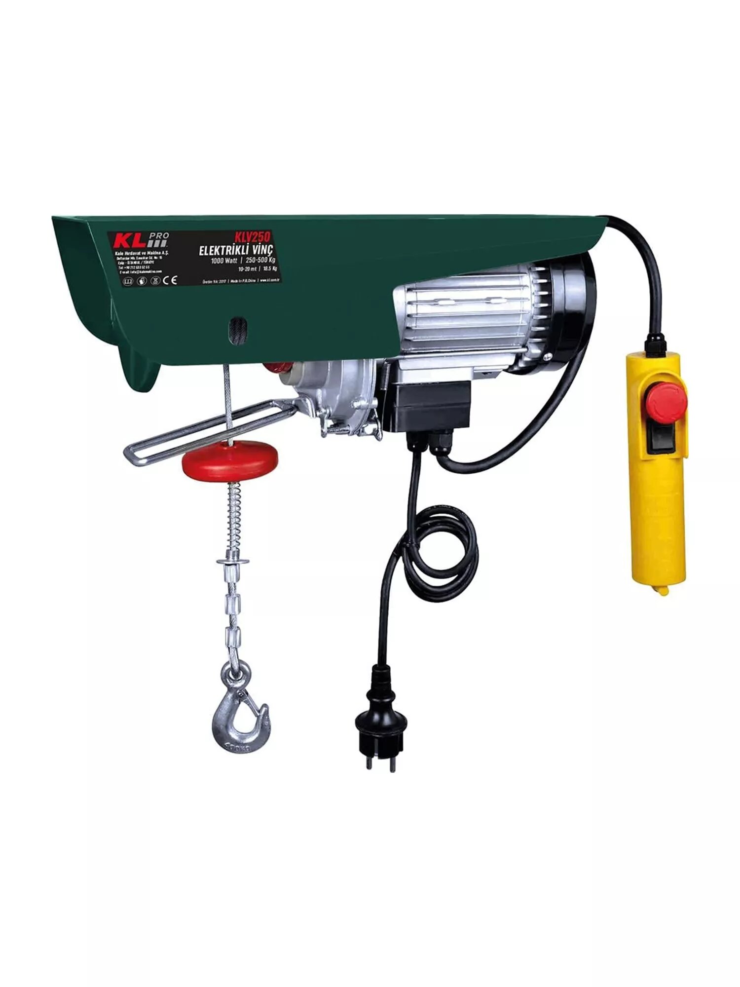 Профессиональная электрическая лебедка KLPRO KLV250 (сеть 1000Вт грузоподъемность 500кг высота подъема 20м)