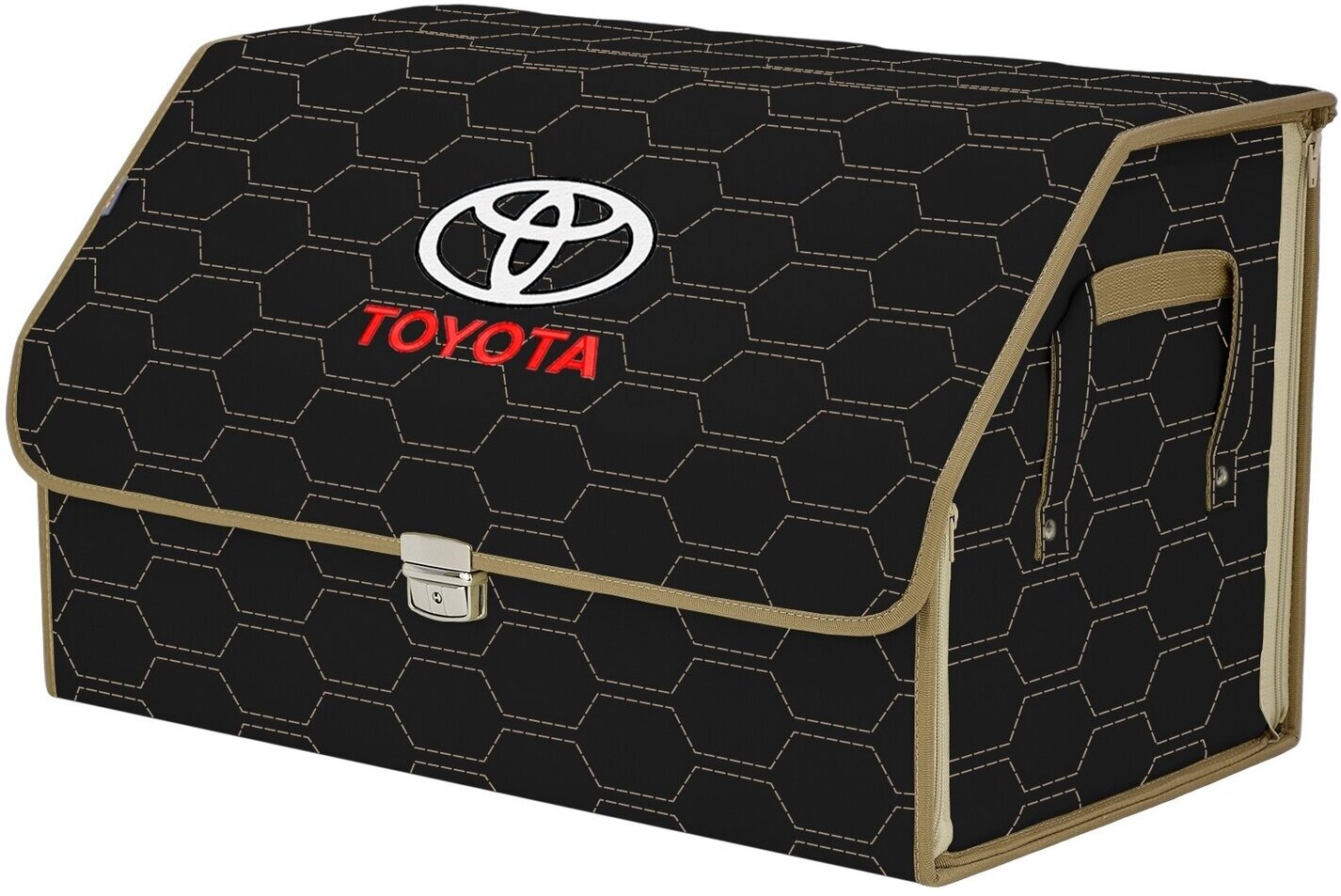 Органайзер-саквояж в багажник "Союз Премиум" (размер XL). Цвет: черный с бежевой прострочкой Соты и вышивкой Toyota (Тойота).