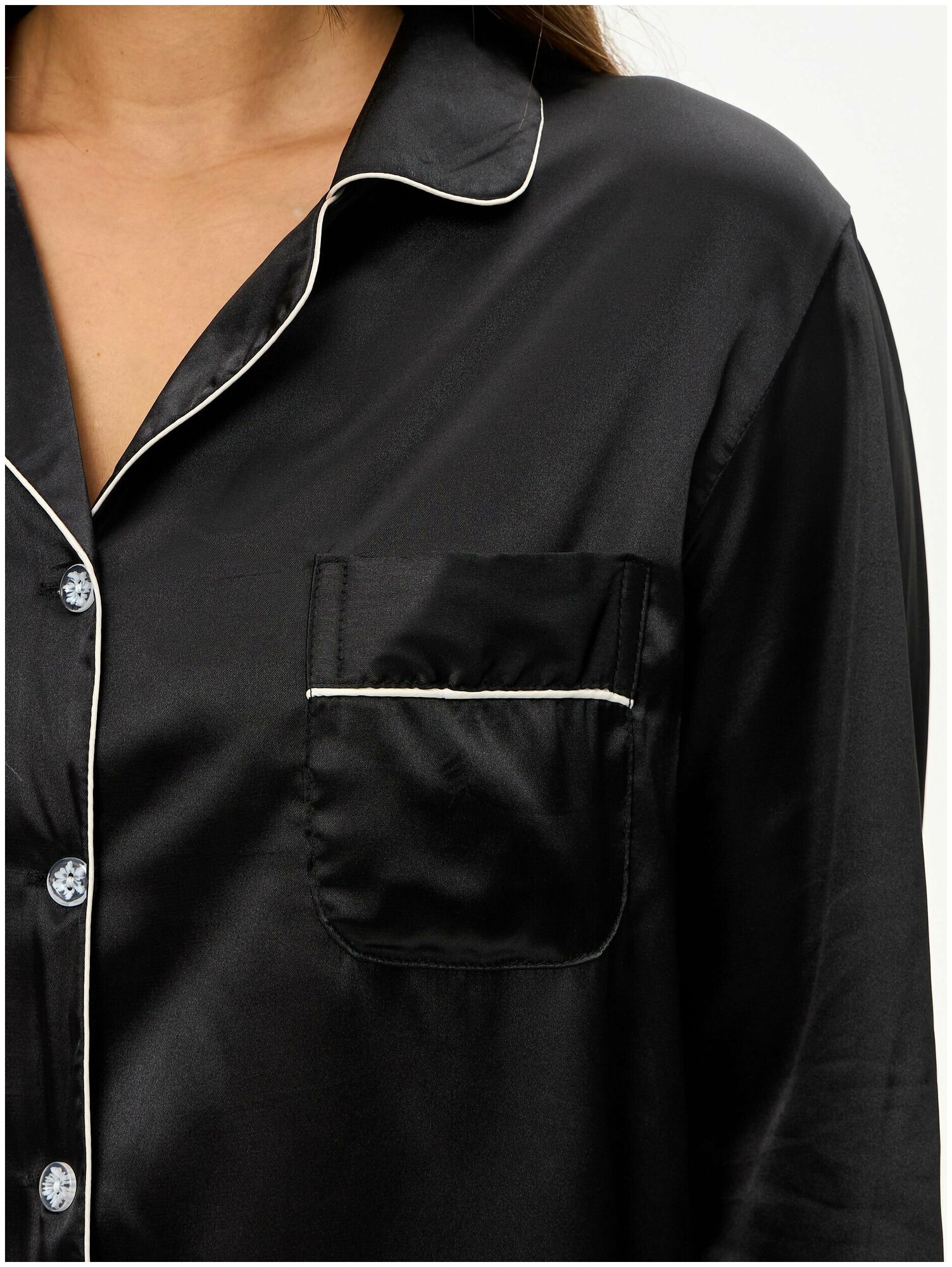 Пижама женская с брюками и рубашкой для сна, шелковая , атласная , домашняя одежда черная 50/XXXL размер - фотография № 12