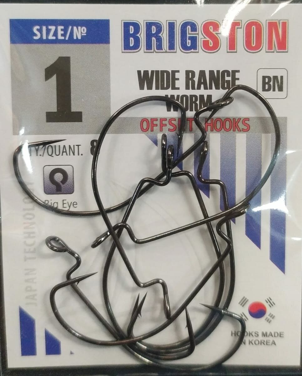 Рыболовные офсетные крючки Brigston Wide Range Worm (BN) №1 упаковка 8 штук