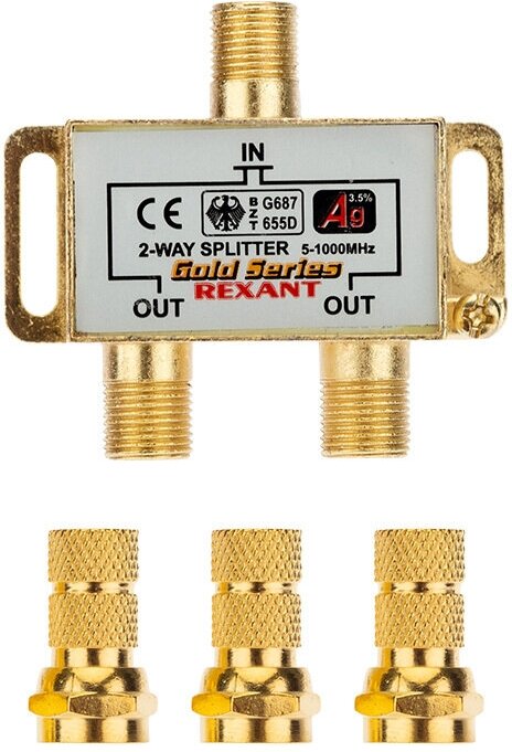 Антенный сплиттер/делитель ТВ-сигнала REXANT GOLD на 2 выхода с F-разъемами в комплекте, 5-1000 МГц