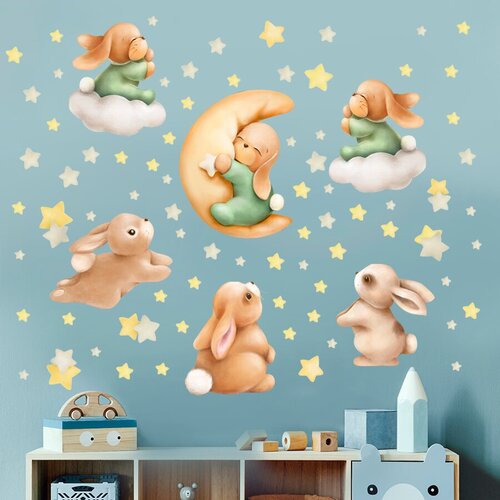 Наклейки декоративные интерьерные детские на стену в комнату - Животные и звезды