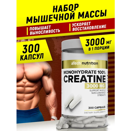 optimum nutrition микронизированный креатин 300 капсул Креатин Моногидрат 100% aTech Nutrition, 300 капсул