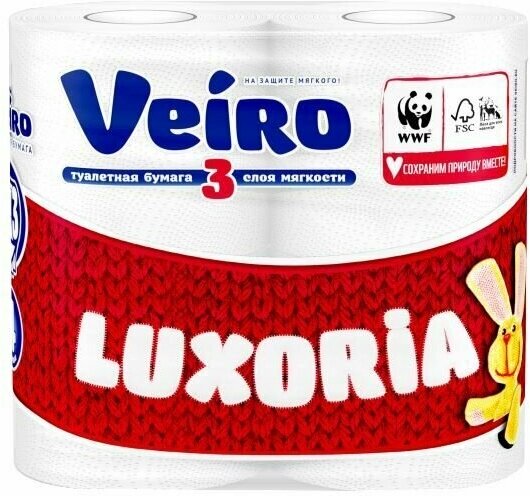 Veiro Туалетная бумага, "Люксория", 3 слоя, белая, 4 рулона