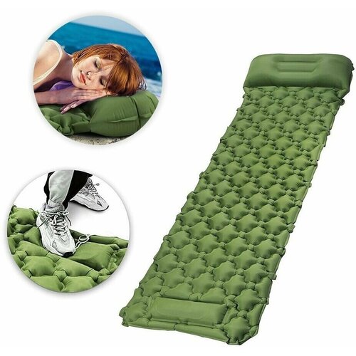 фото Коврик туристический самонадувающийся зелёный, надувной матрас с подушкой и встроенным насосом нет бренда