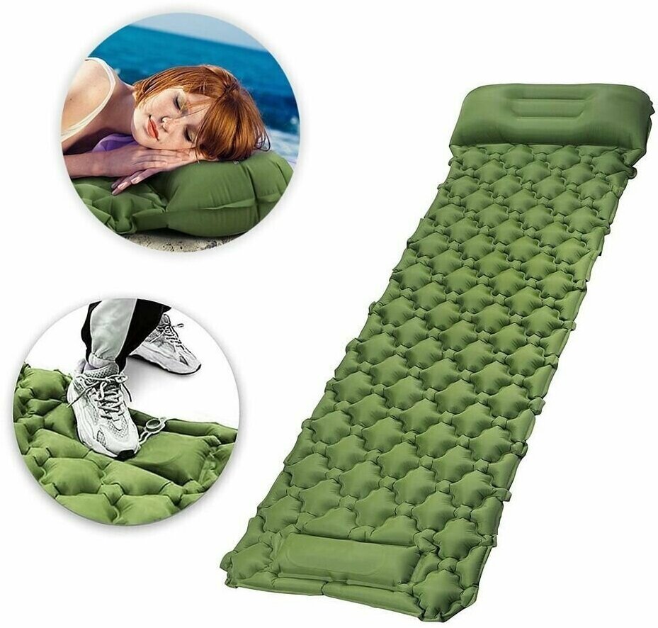 Коврик туристический самонадувающийся зелёный, надувной матрас с подушкой и встроенным насосом