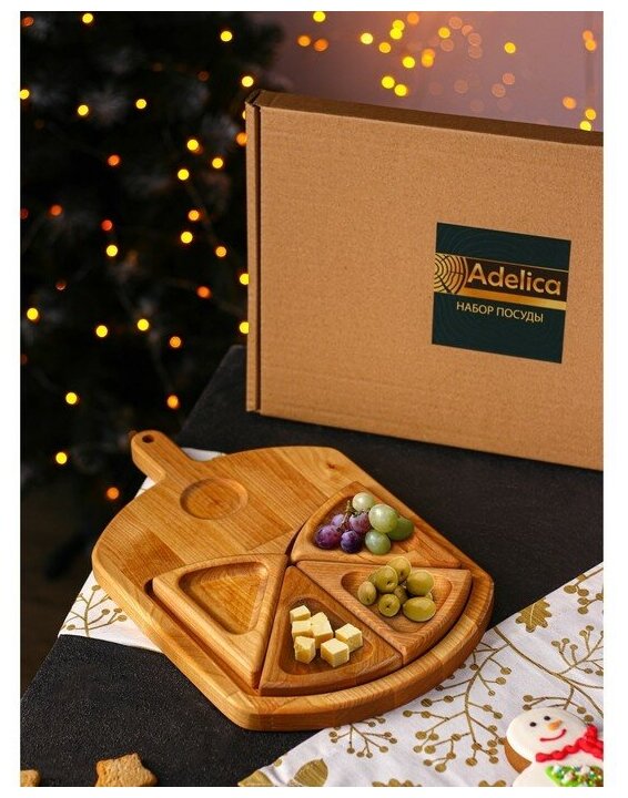 Adelica Подарочный набор деревянной посуды Adelica «Сырная мозайка», доска разделочная 35×22 см, менажницы 4 шт, 12,5×9 см, берёза