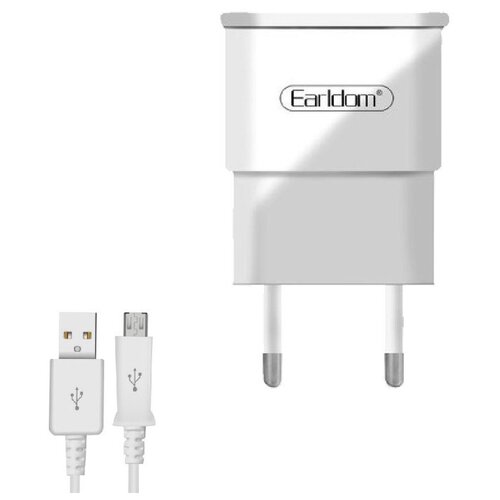 Сетевое зарядное устройство Earldom ES-EU7 1xUSB, 2.1A + кабель MicroUSB, 1м (белый) зарядное устройство 1xusb с кабелем lightning 1м 2 1а earldom es 201i черный