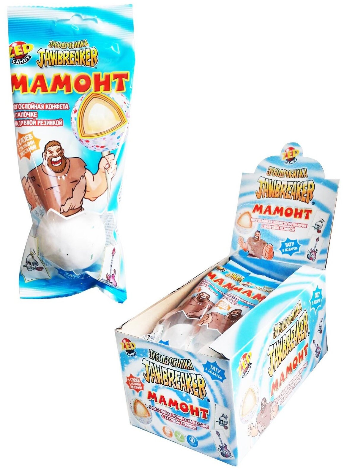 Зубодробилка Мамонт многослойная конфета на палочке с надувной резинкой и тату, блок 10 шт. (60г х 10 х 12)
