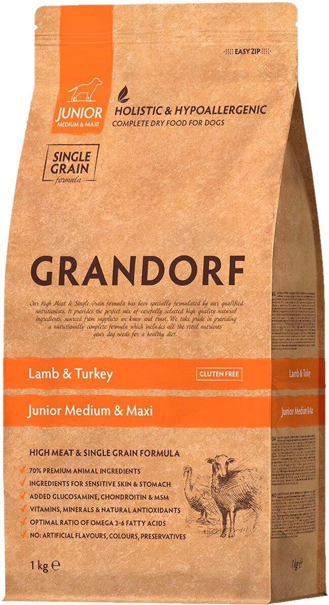 GRANDORF SINGLE GRAIN JUNIOR MEDIUM & MAXI LAMB & TURKEY низкозерновой для юниоров средних и крупных пород, беременных и кормящих сук с ягненком и индейкой (1 кг)