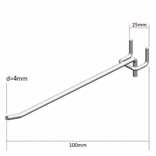 Крючок одинарный на перфорированную ДСП панель, шаг 25мм, d=4мм, L=100мм, цинк