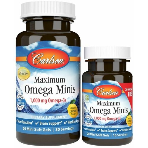 Maximum Омега Minis Carlson labs, Омега-3 Мини капсулы со вкусом лимона, 1000 мг 60+20 / Для поддержания работы сердца, мозга и иммунитета