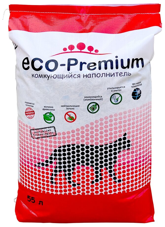 Наполнитель ECO Premium GREEN комкующийся древесный без запаха 20кг 55 л