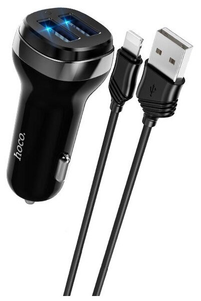 Автомобильное зарядное устройство Hoco Z40 2USB 2.4A черное+Lightning кабель