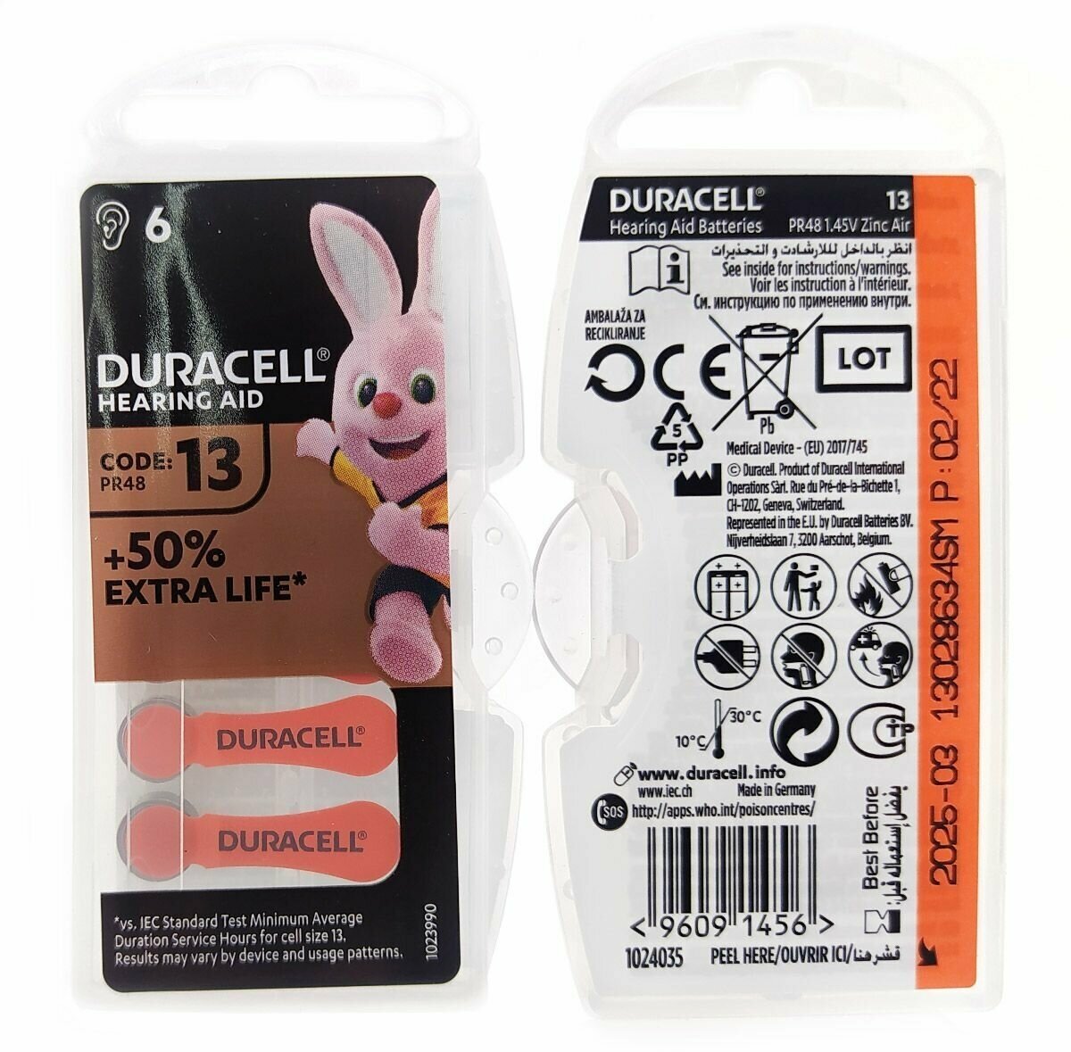 Батарейки (12шт) для слуховых аппаратов DURACELL ZA13 (PR48) 1.45В