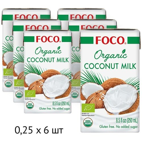 Кокосовое молоко FOCO жирность 10-12%, 250 мл, tetra pak, 6 шт