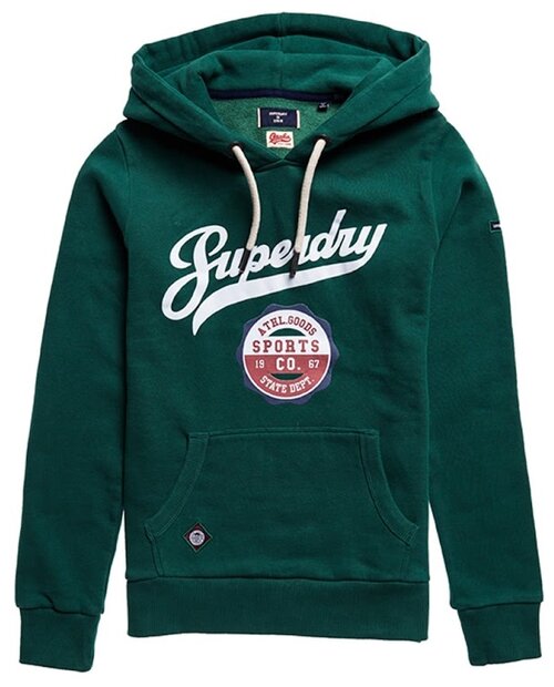 Худи Superdry, силуэт прямой, карманы, капюшон, карманы, размер 14, зеленый