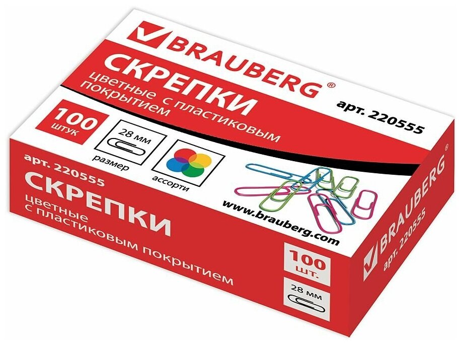 Скрепки BRAUBERG, 28 мм, цветные, 100 шт., в картонной коробке, Россия, 220555