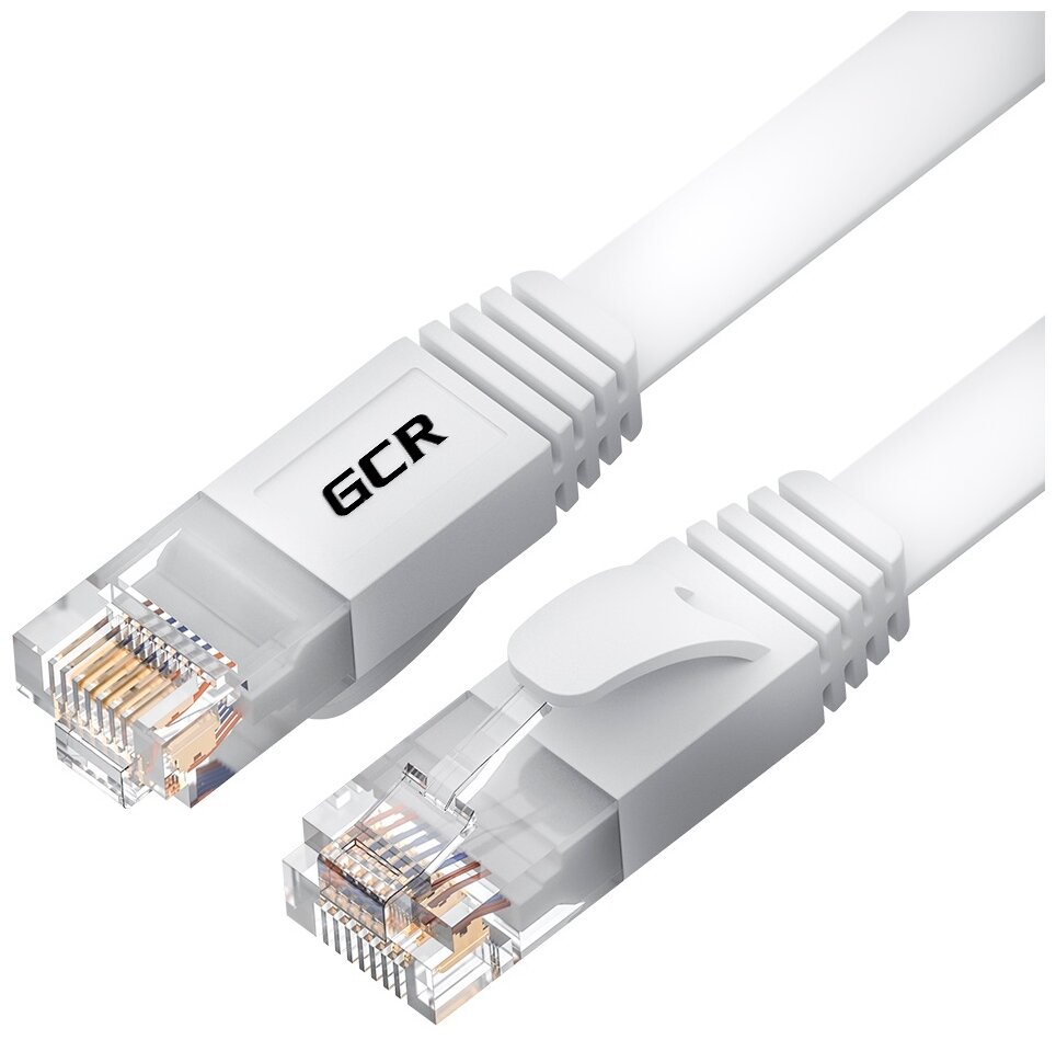 GCR Патч-корд PROF плоский прямой 5.0m, UTP медь кат.6, белый, 30 AWG, ethernet high speed 10 Гбит/с, RJ45, T568B