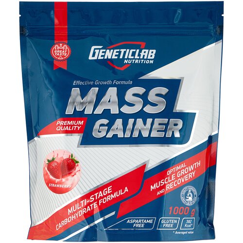 Гейнер Geneticlab Nutrition Mass Gainer, 1000 г, клубника гейнер trec nutrition solid mass 1000 г клубника