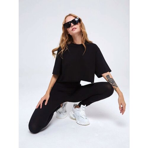 Футболка оверсайз, хлопок, однотонная, дышащий материал, размер one size, черный