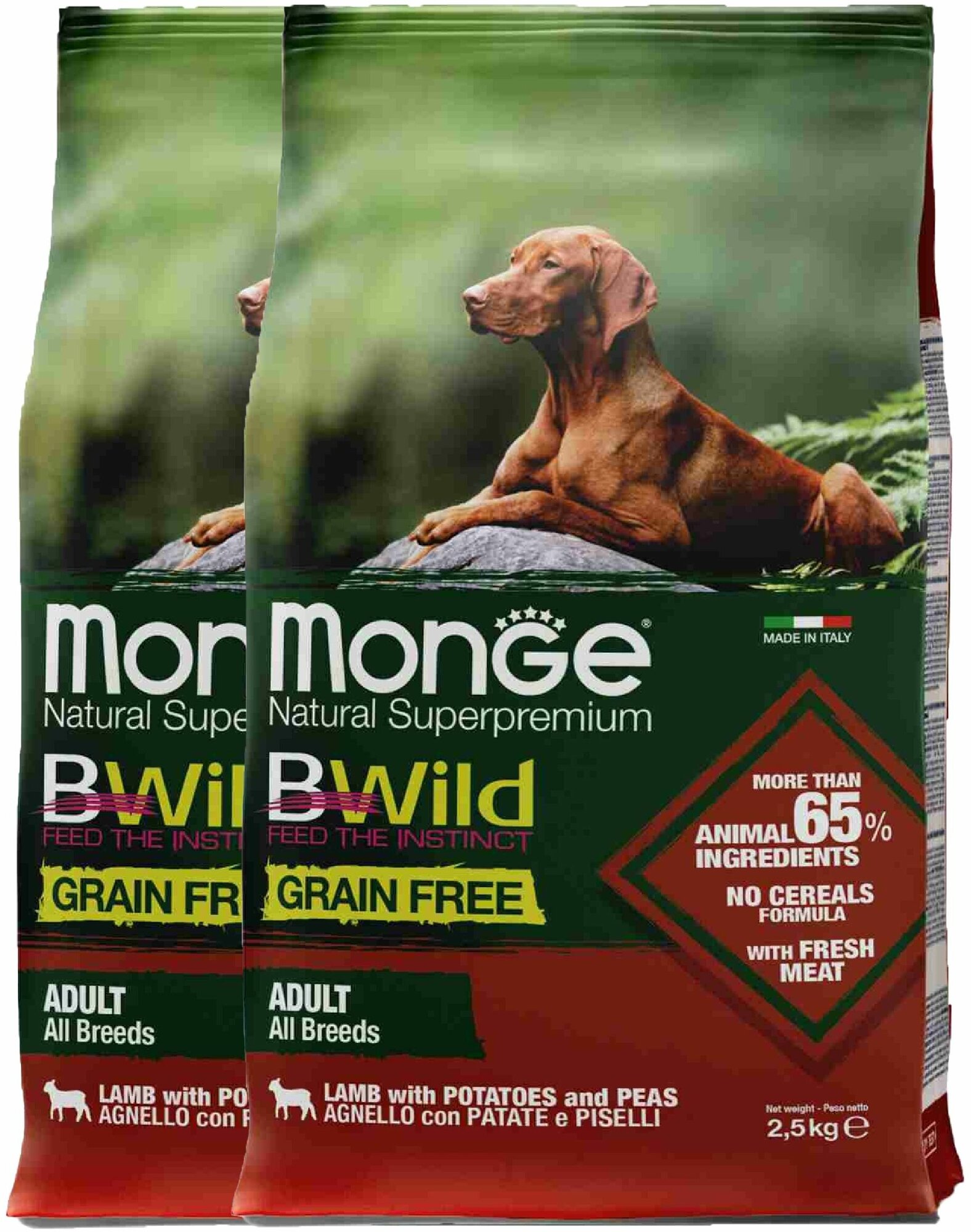 Monge Dog BWild GRAIN FREE беззерновой корм из мяса ягненка с картофелем для взрослых собак всех пород 2,5 кг х 2шт.