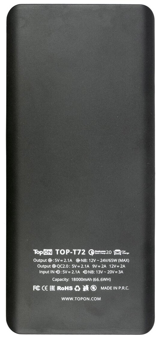 Внешний аккумулятор (Power Bank) TOPON TOP-T72, 18000мAч, черный [101304] - фото №4