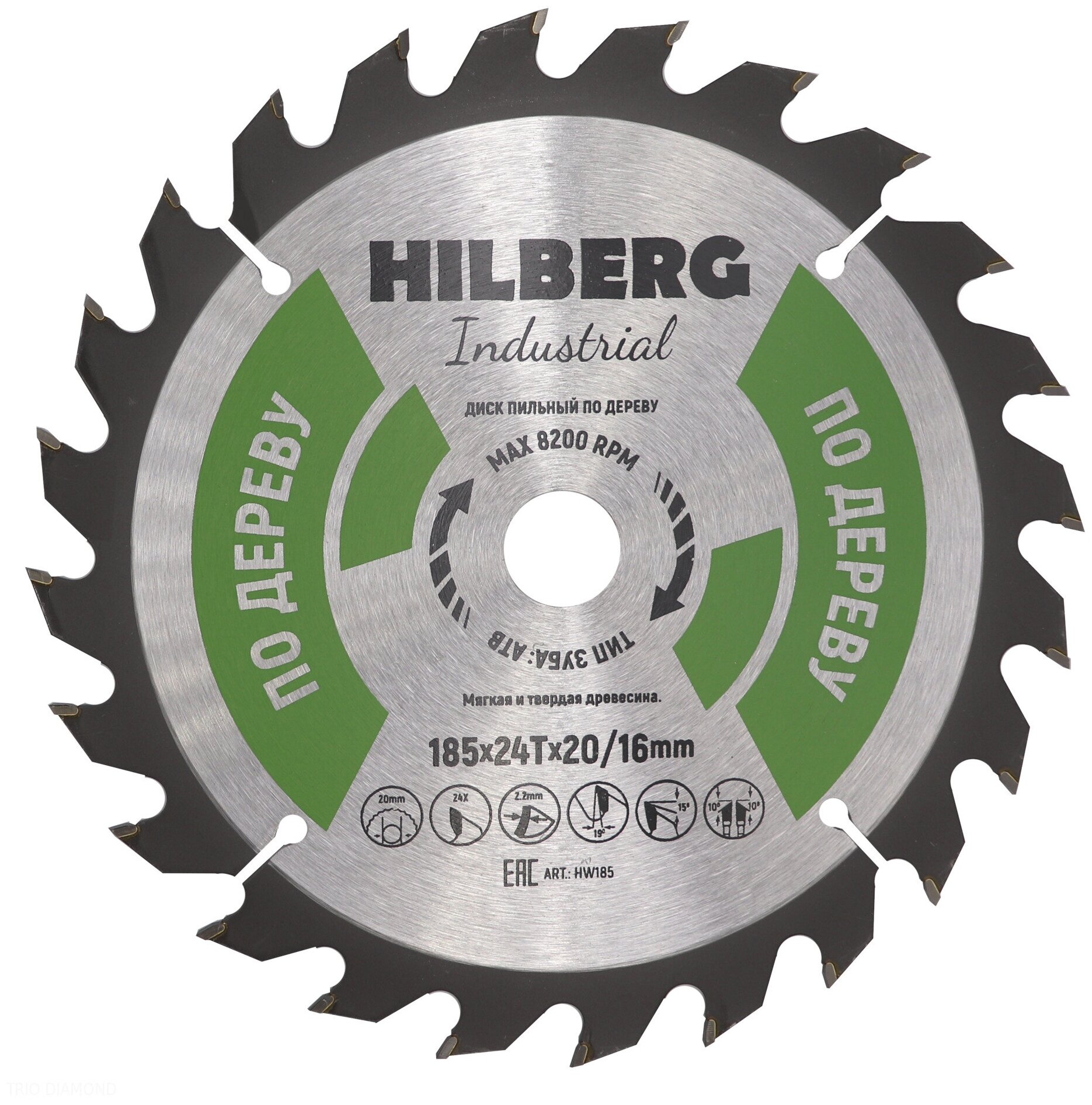 Диск пильный Hilberg Industrial Дерево (185x20/16 мм; 24Т) TRIO-DIAMOND HW185 15948024