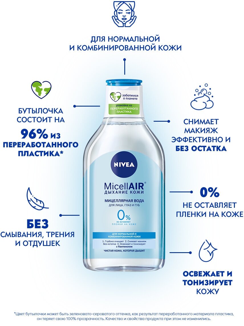 Мицеллярная вода для лица, глаз и губ Nivea MicellAIR для нормальной и комбинированной кожи, 400 мл. - фотография № 3