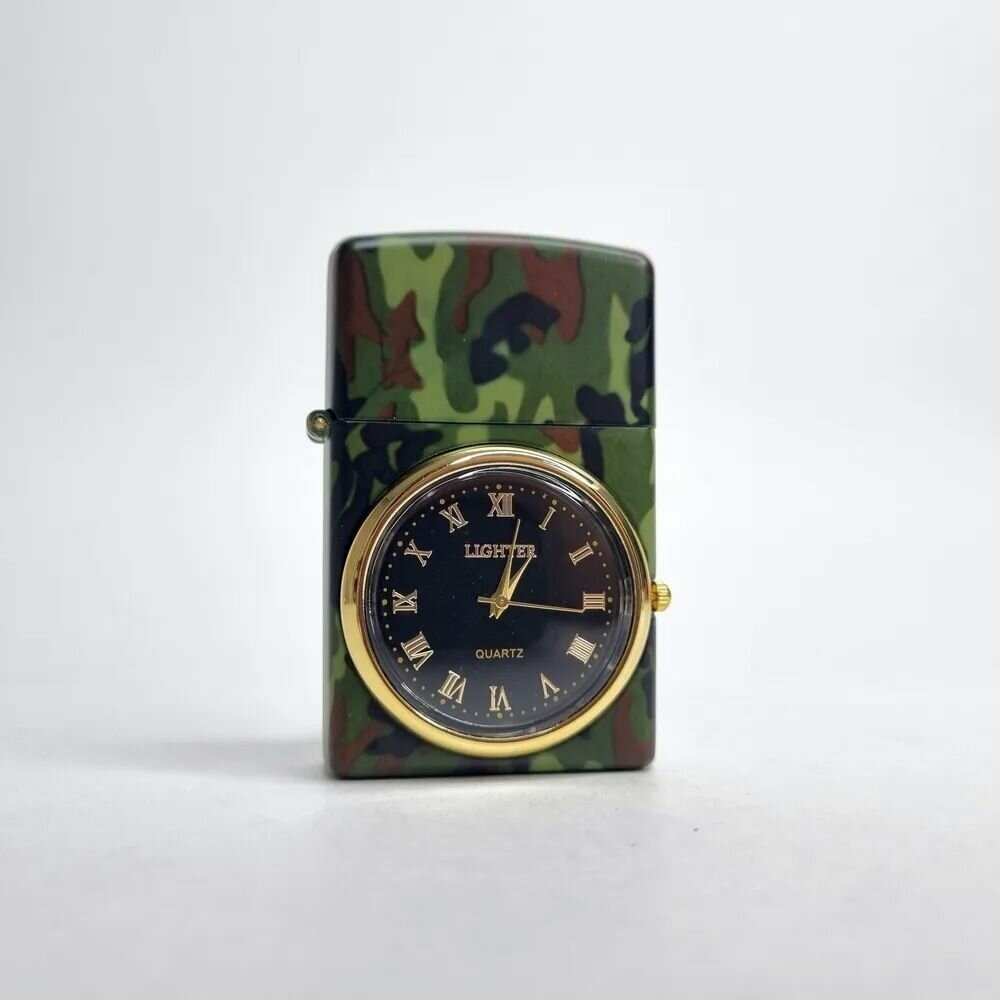 газовая турбо-зажигалка с часами подарочная, хаки - фотография № 1