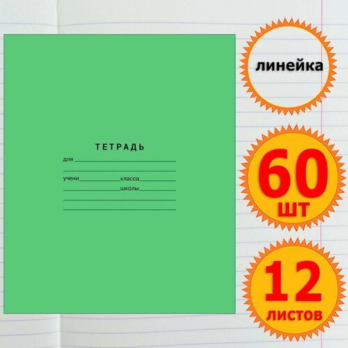 Тетрадь школьная для учебы в линейку 12 листов Комплект 60 штук Классика, линейка, Зеленая