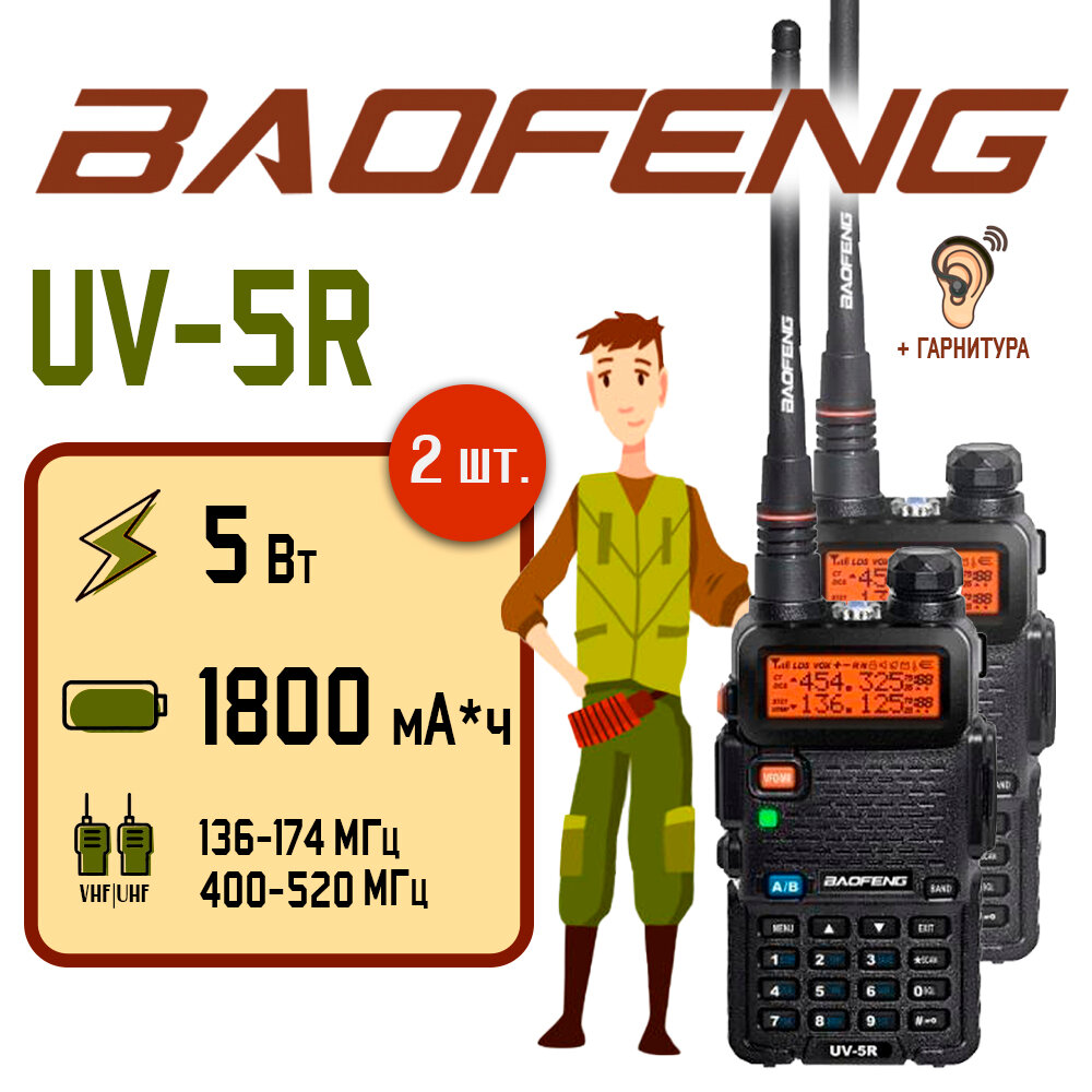 Рация Baofeng UV-5R Черная Комплект 2 шт. / Портативная радиостанция Баофенг для охоты и рыбалки с аккумулятором на 1800 мА*ч и радиусом 10 км