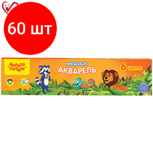 комплект 5 шт акварель мульти пульти енот в джунглях медовая 12 цветов без кисти картон Комплект 60 шт, Акварель Мульти-Пульти Енот в джунглях, медовая, 06 цветов, без кисти, картон