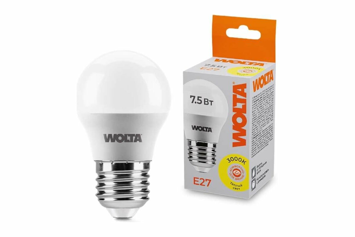 Светодиодная лампа Wolta Led7.5Вт шар G45 3000K Теплый белый свет E27 GL 25Y45GL7.5E27