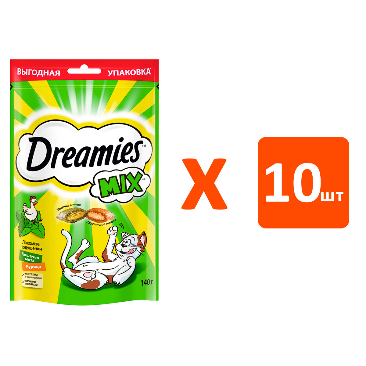 Лакомство DREAMIES MIX для кошек подушечки с курицей и мятой (140 гр х 10 шт)