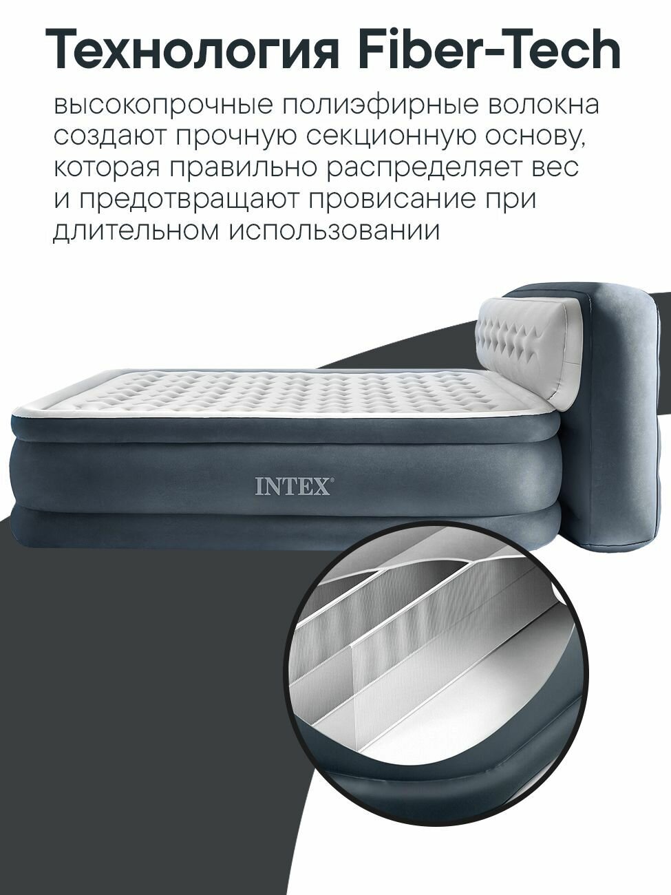 Матрас надувной INTEX Queen Ultra Plush Headboard Fiber-Tech RP с электронасосом 152x2236x86см, до 273 кг — фото 1