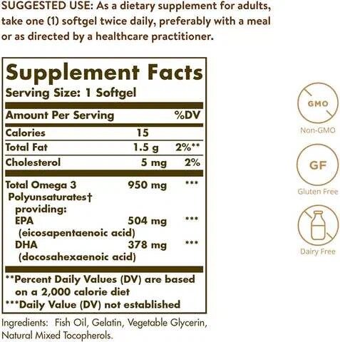 Solgar Omega-3, Омега-3, 950mg EPA & DHA - 100 капсул. Солгар тройная омега, 950мг - 100 капсул — фото 1