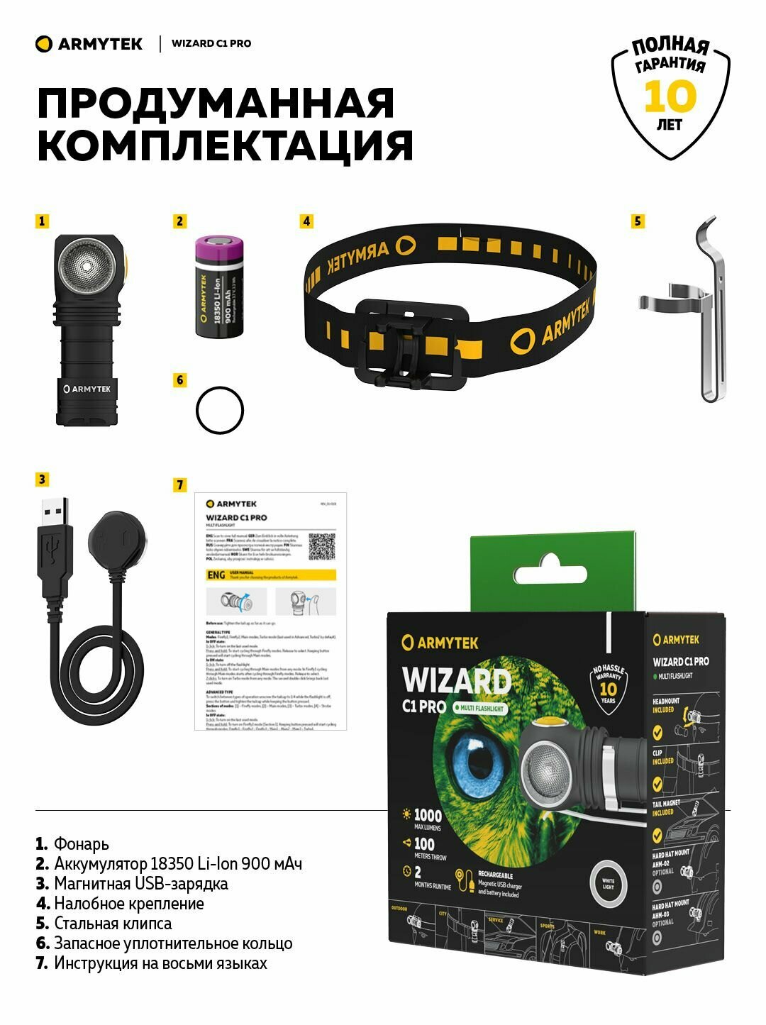 Фонарь Wizard C1 Pro Magnet USB Белый Armytek - фото №13