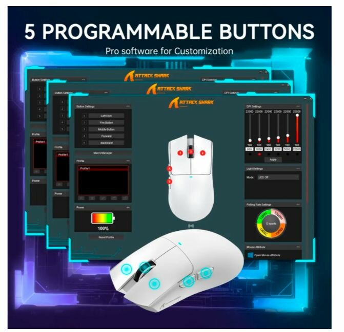 Мышь игровая Attack Shark X11 док-станция, беспроводная, Bluetooth + 2.4Ghz USB, 22000 Dpi, Белый — фото 1