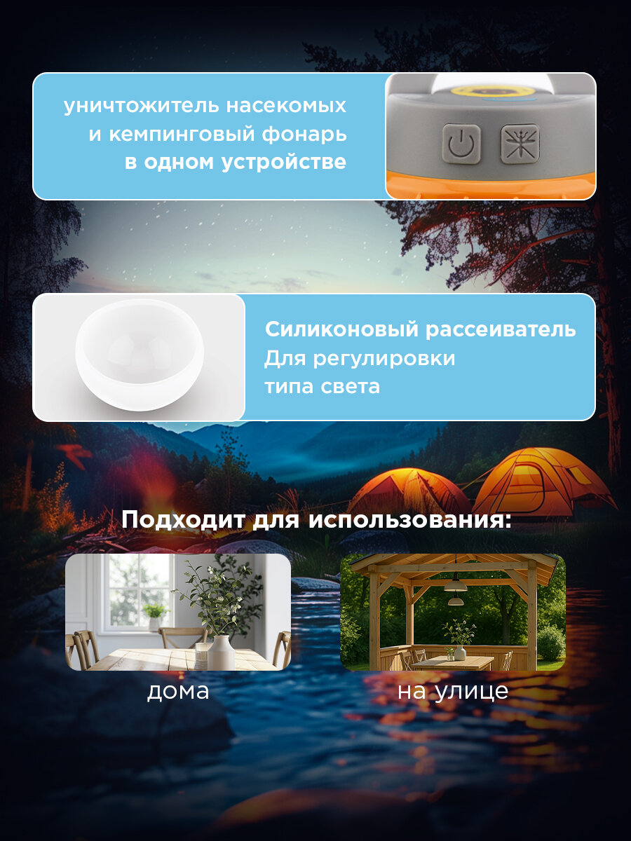 Фонарь REXANT, антимоскитный, кемпинговый, с тремя режимами, USB зарядка, влагозащитный — фото 1