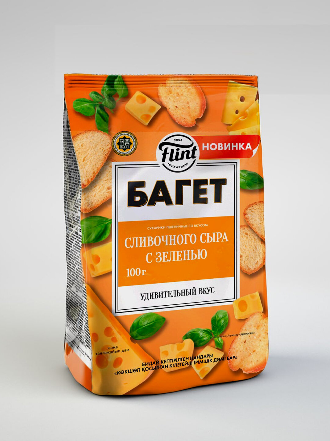 Сухарики 'Flint', пшеничный багет со вкусом сливочного сыра с зеленью, 100 гр