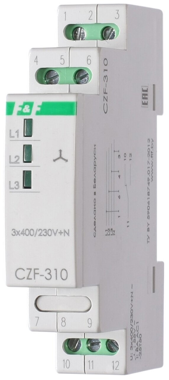 Реле контроля фаз CZF-310 (1 модуль; монтаж на DIN-рейке; 3х400/230+N 8А 1NO/NC IP20) F&F EA04.001.005 (2шт. в упак.)