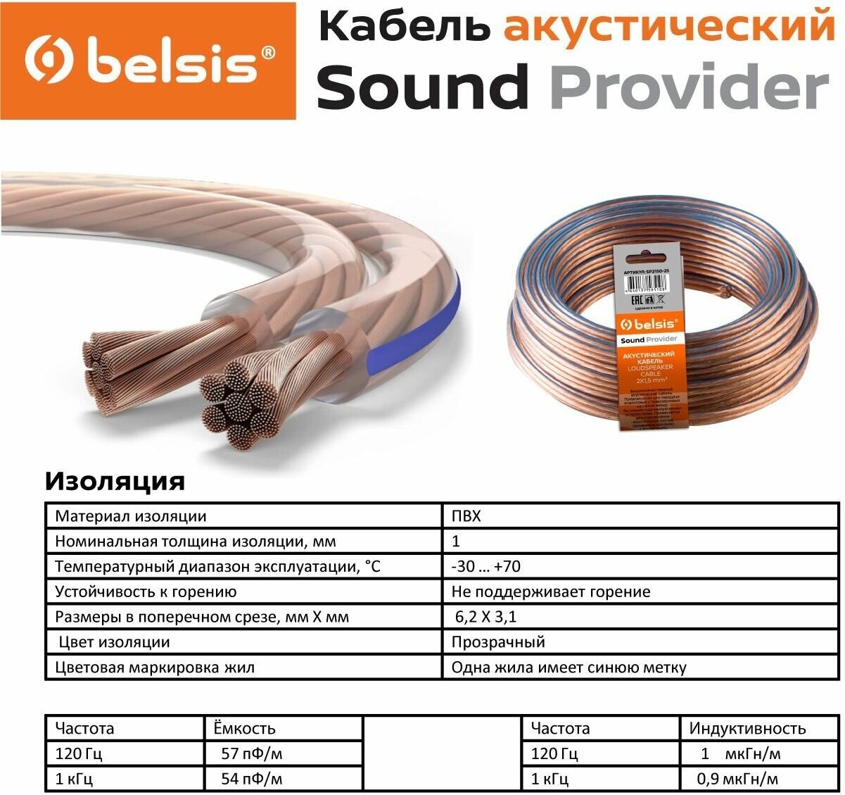 Акустический кабель Belsis CCA 2х1,5мм2 прозрачный, 25м