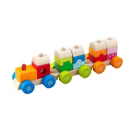 Деревянная игрушка-каталка Поезд с пирамидками. Веселый вагончик, 34x8x10 см