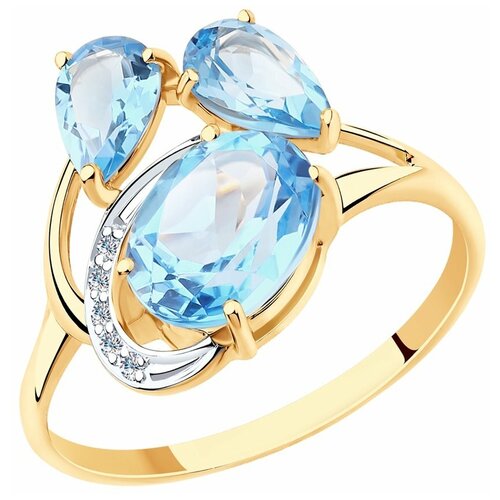Кольцо Diamant красное золото, 585 проба, родирование, топаз, фианит, размер 17.5, голубой, бесцветный
