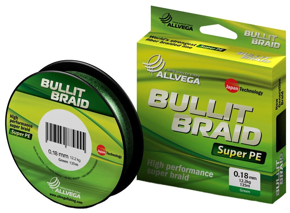 Шнур плетёный ALLVEGA "Bullit Braid" 135м тёмно-зелёный 0,18мм (12,2кг)