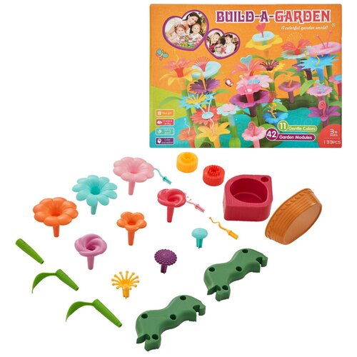 Детский конструктор цветочная клумба для девочек, 133 детали / Игровой набор для детей / Развивающий конструктор для малышей / Цветочный сад