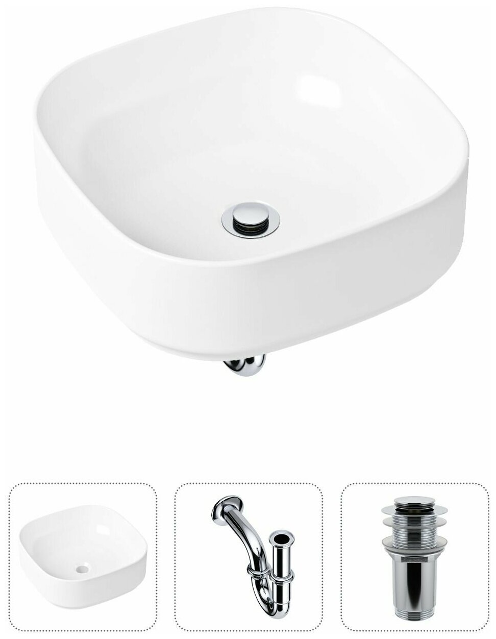 Комплект 3 в 1 Lavinia Boho Bathroom Sink 21520217: накладная фарфоровая раковина 40 см, металлический сифон, донный клапан